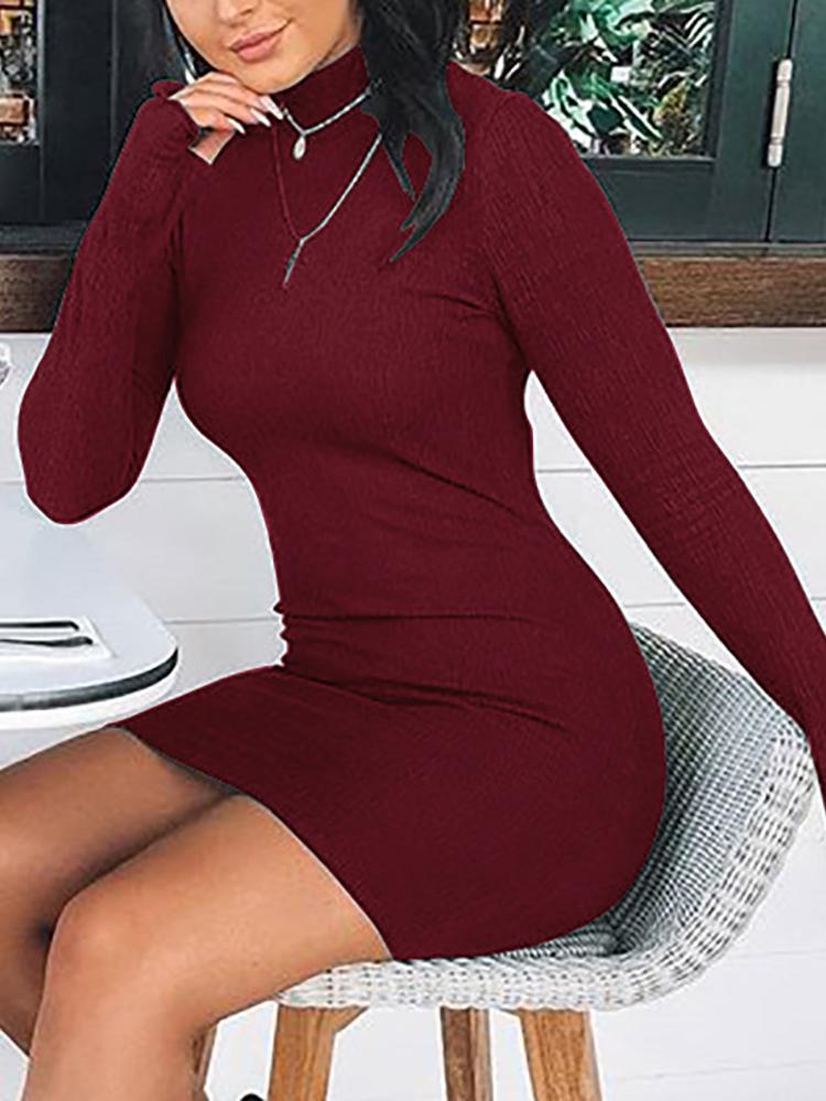 

Long Sleeve Mock Neck Casual Dress, Red