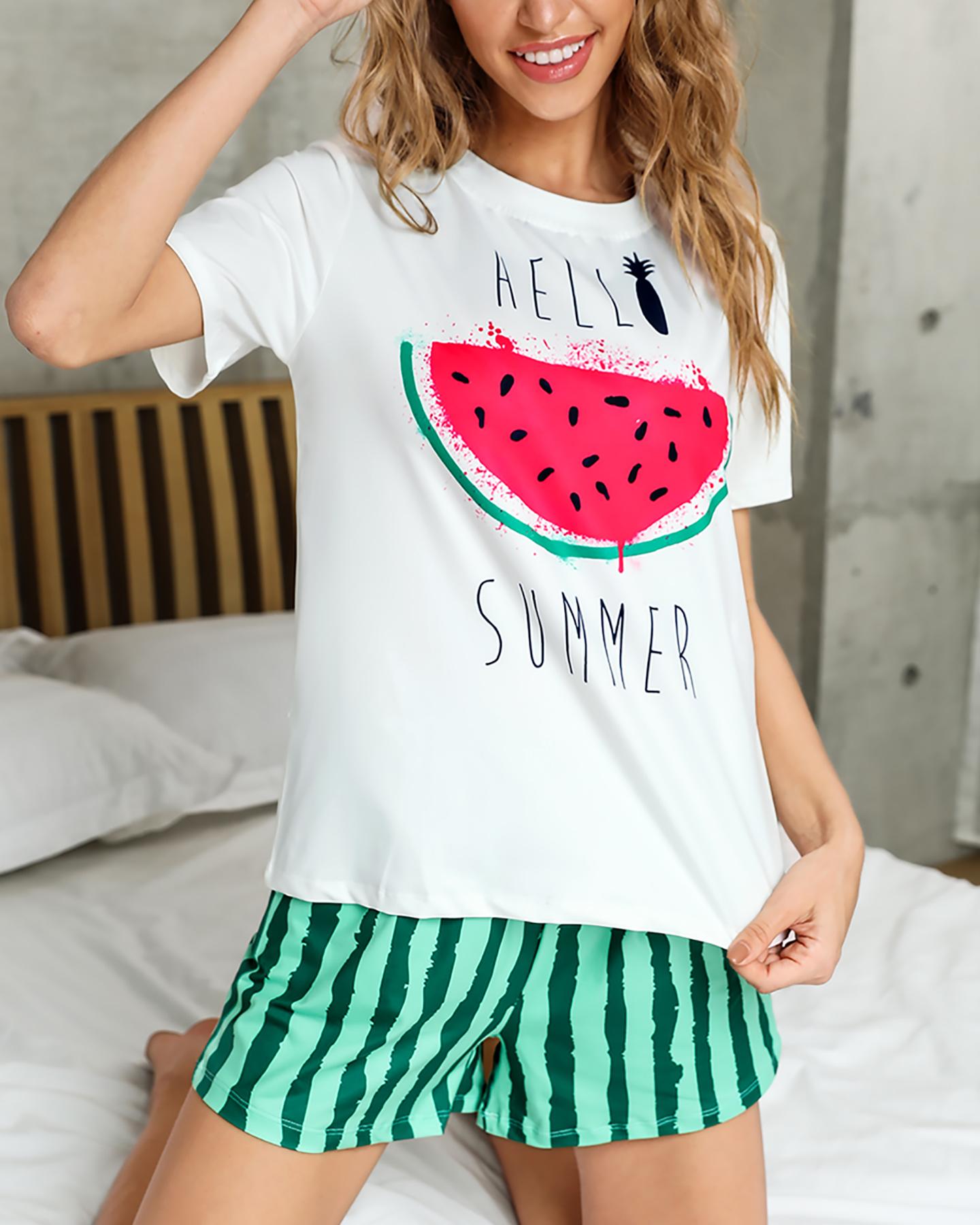 

Watermelon Print Short Sleeve Pajamas Set, Green