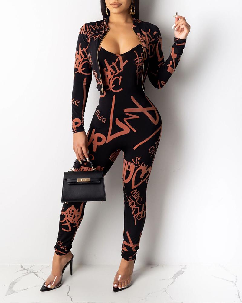 

Letter Print Zipper Design Coat & Jumpsuit Sets, Brown