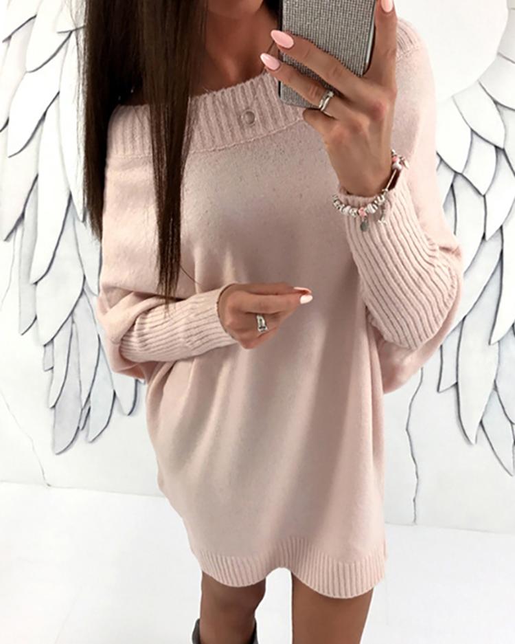 

Stylish Long Sleeve Solid Sweater Dress, Pink