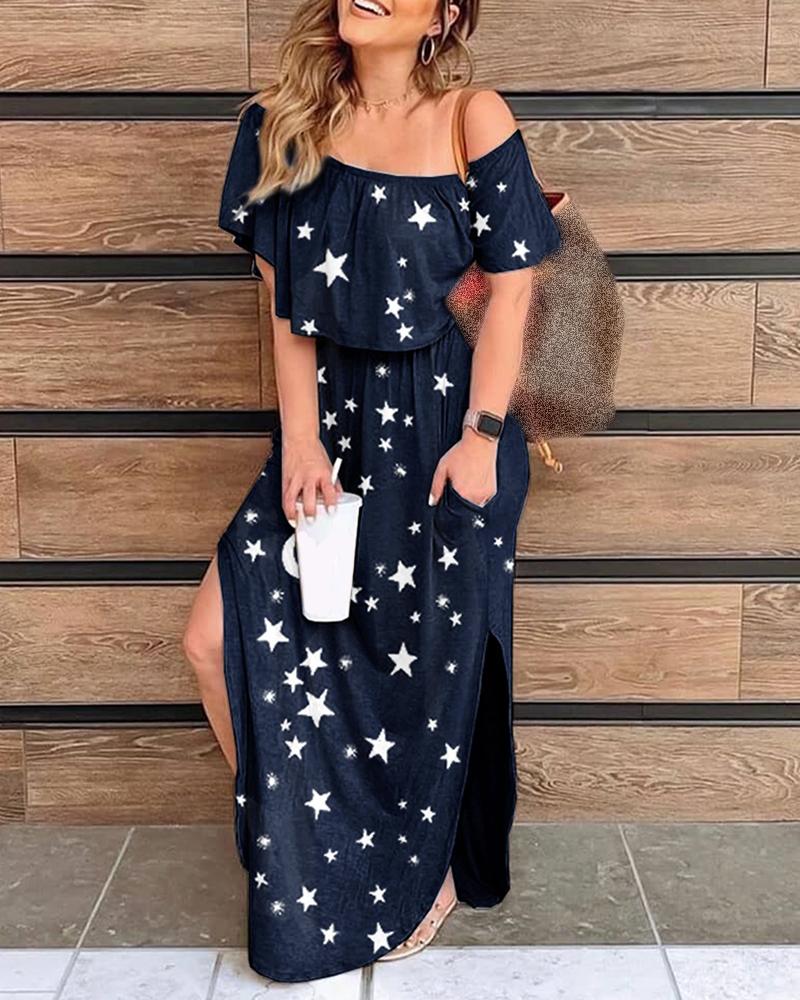 

Stars Print Off Shoulder Ruffles Slit Dress, Purplish blue