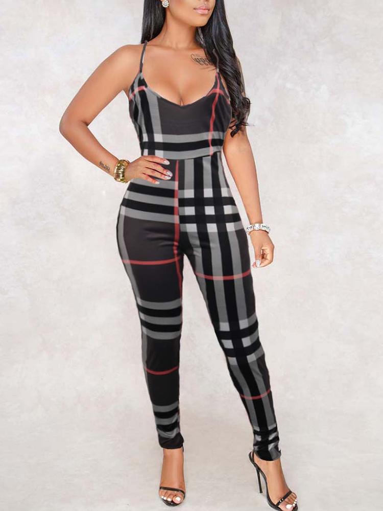 

Plaid Spaghetti Strap Petite Jumpsuit, Coffee