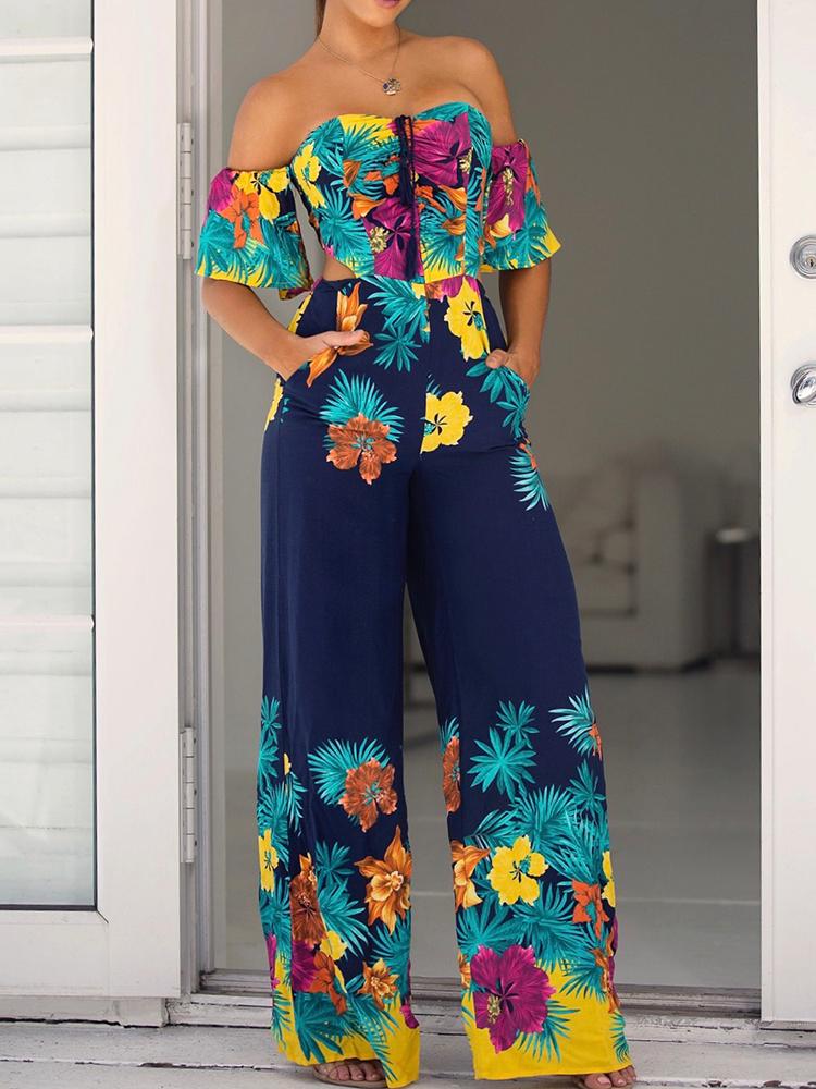 

Floral Print Bell Sleeve Tie Back Wide Leg Jumpsuits, Purplish blue