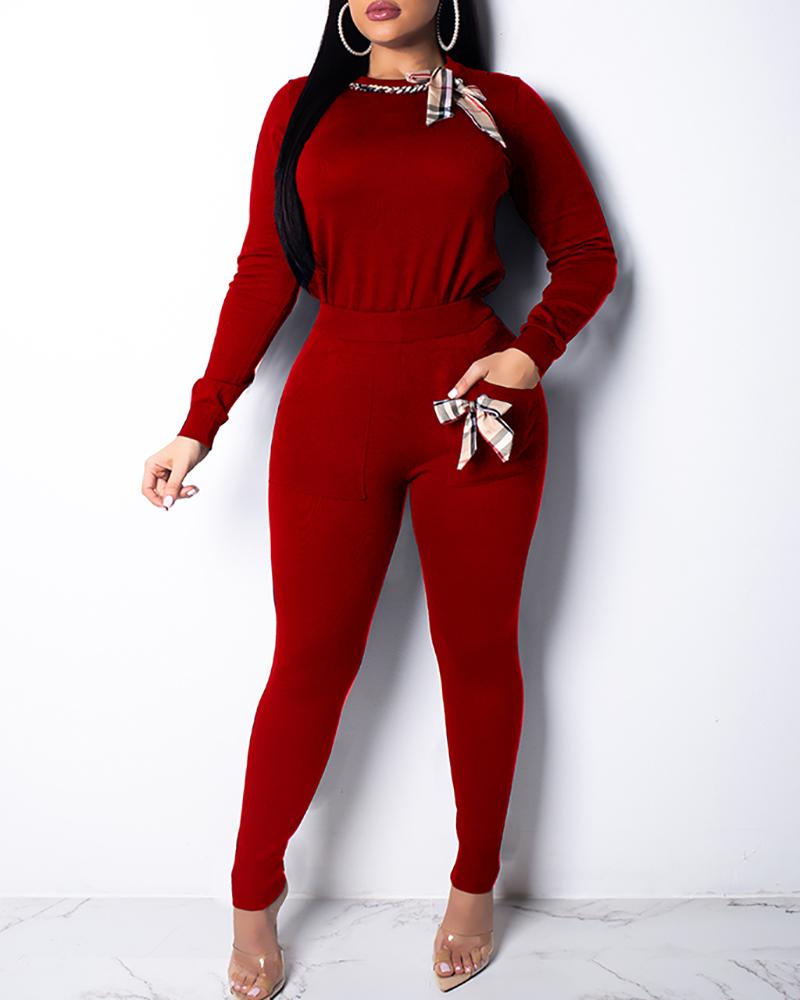

Bowknot Embellished Casual Top & Pant Sets, Red