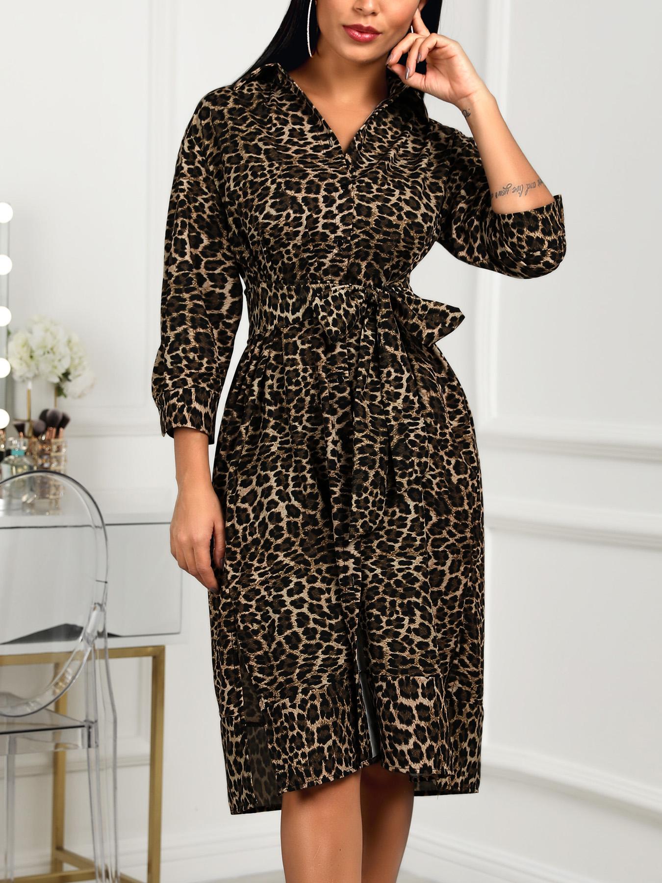 

Leopard Print Side Slit Belted Dress, Dark brown