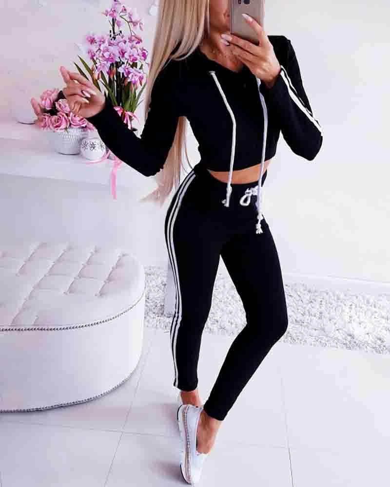 

Drawstring Design Hooded Top & Striped Pants Sporty Sets, Black