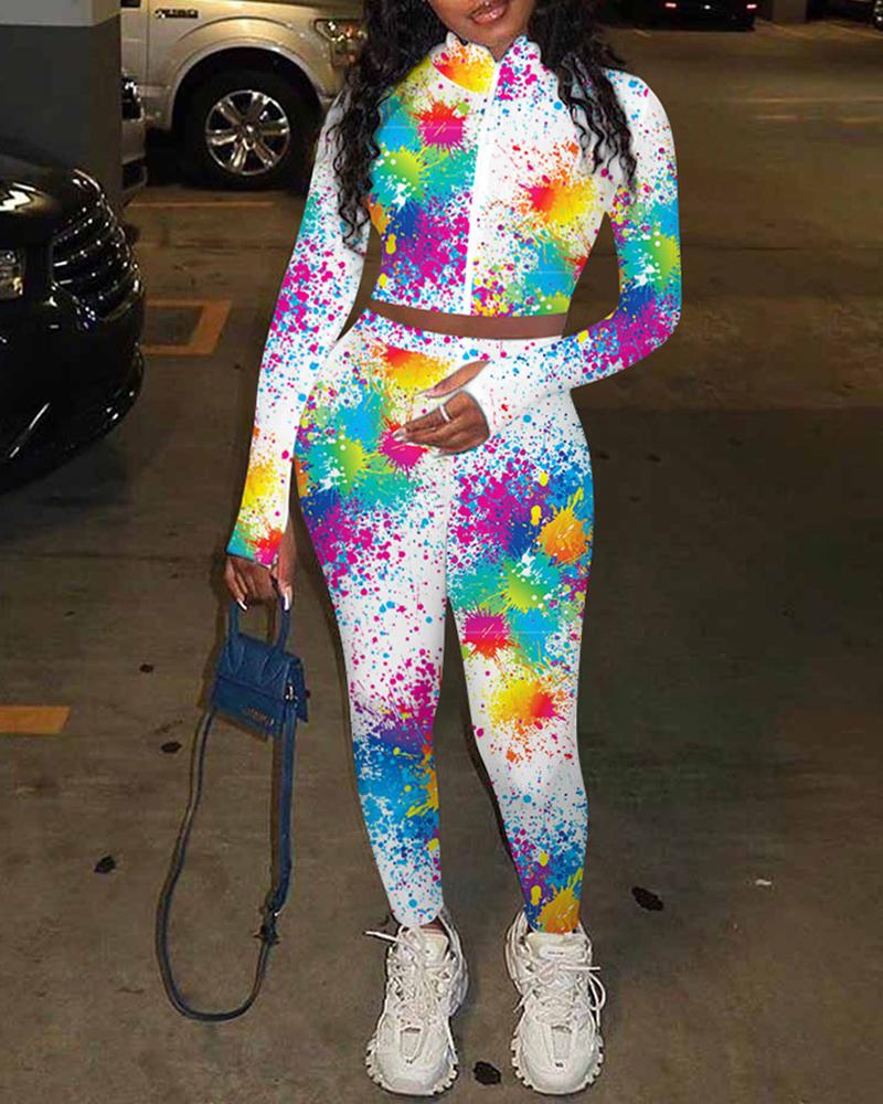 

Tie Dye Print Colorblock Zip Top & High Waist Pants Set, White