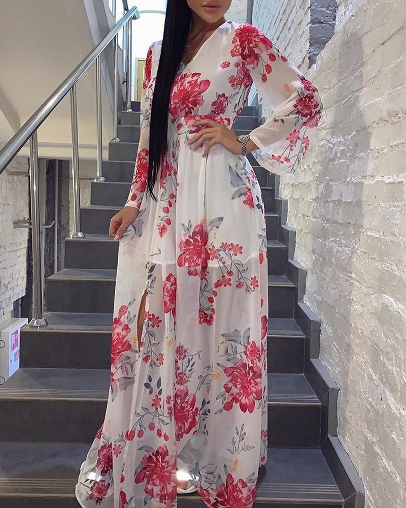 

Floral Print V-Neck Wrap Maxi Dress, White