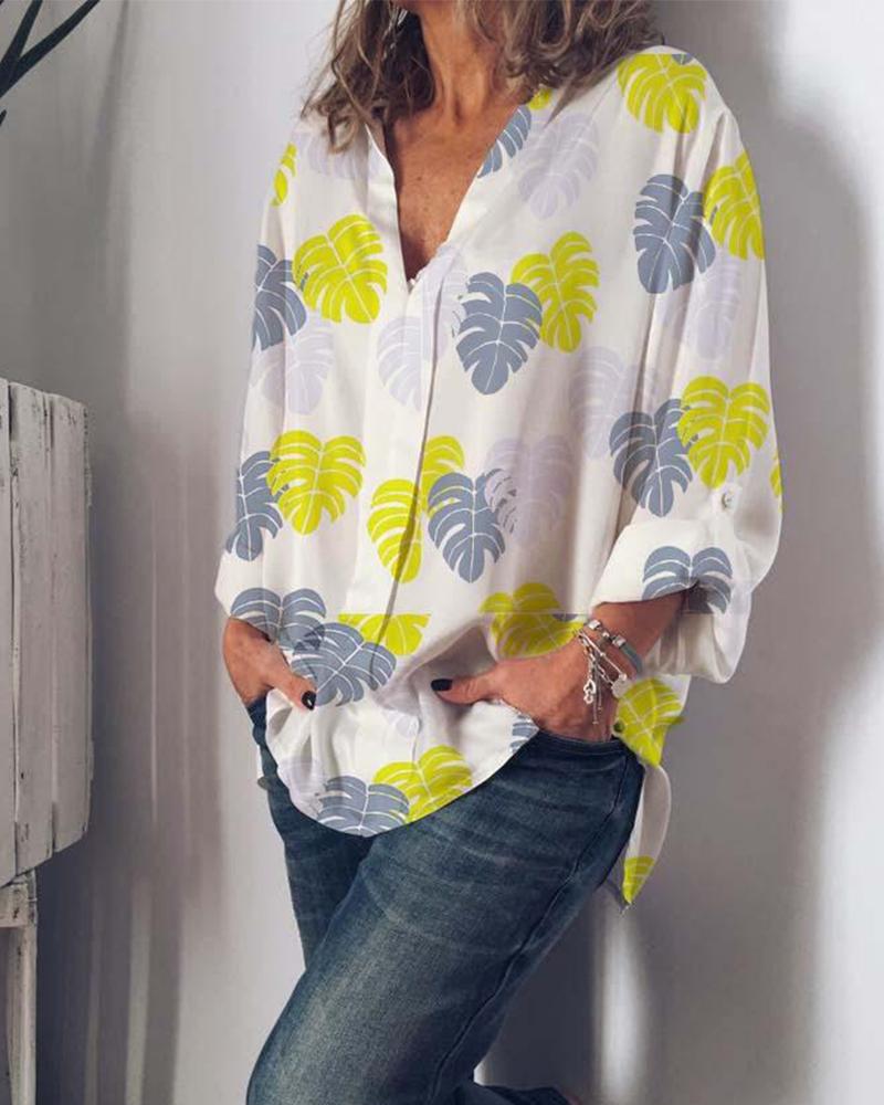 

V Neck Long Sleeve Leaf Print Top, White