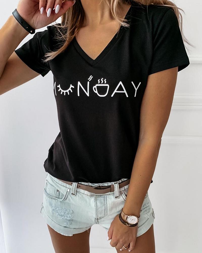 

V-neck Letter Print Casual T-shirt, Black