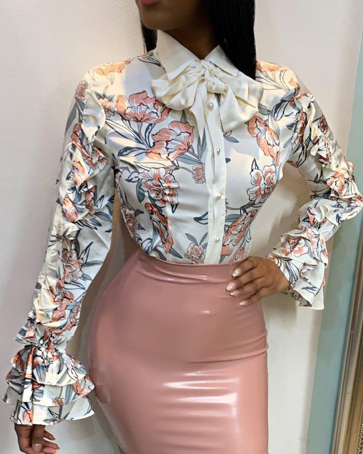 

Floral Print Ruffles Bell Sleeve Shirt, White