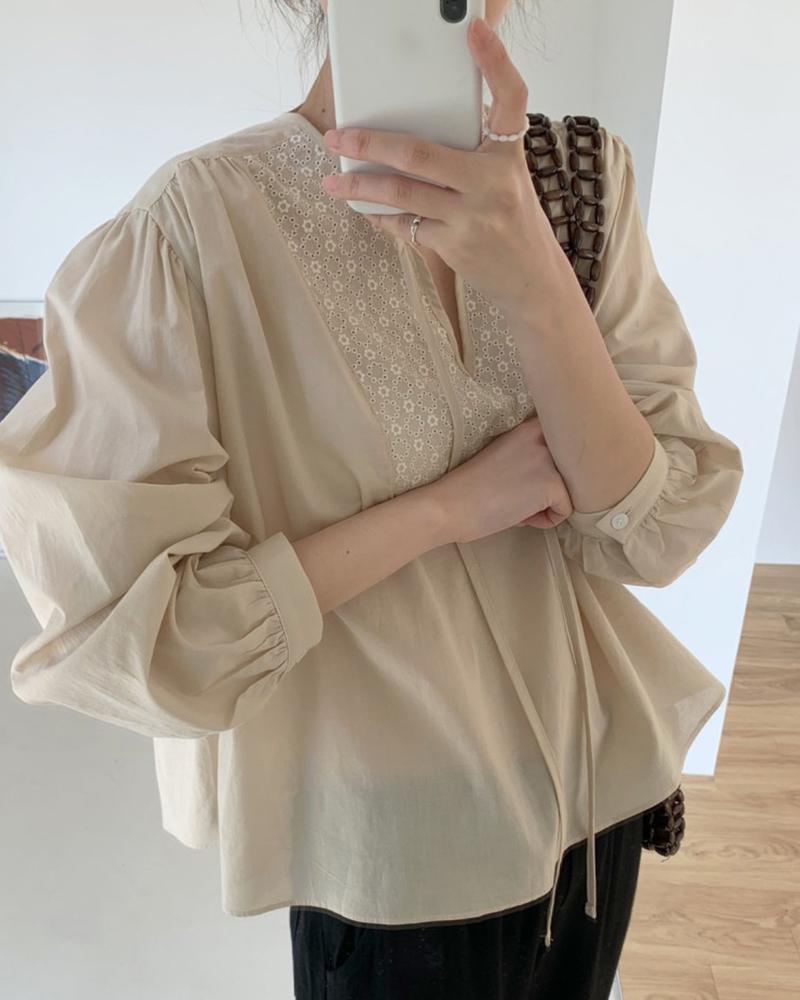 

Floral Pattern Ruched Long Sleeve Top, Apricot