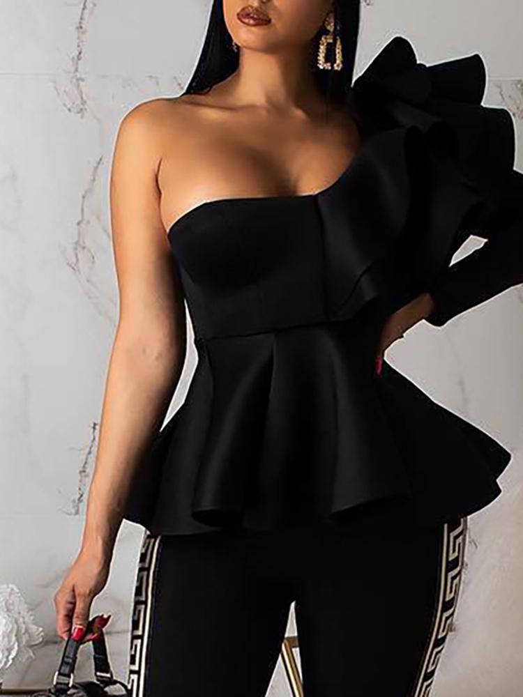 

One Shoulder Zipper Up Peplum Ruffled Tops, Black