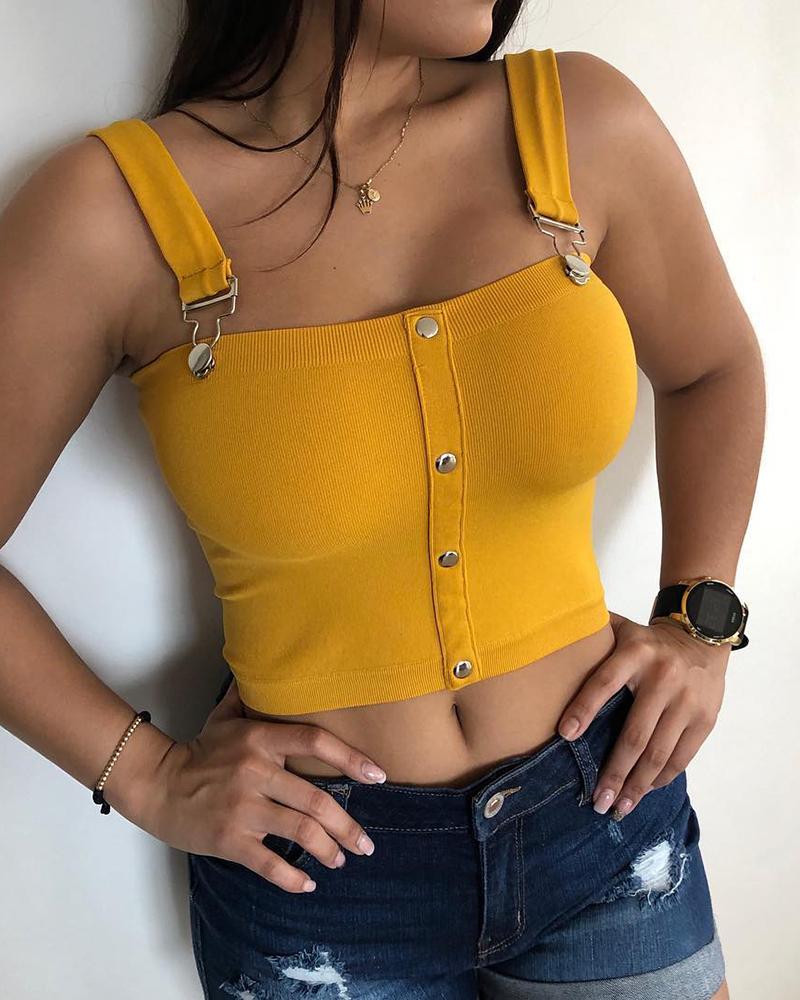 

Buckled Plain Thick Strap Crop Top, Yellow