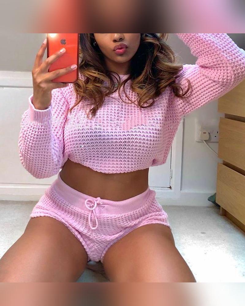 

Solid Color Hollow-out Knitted Long Sleeve Sweater Suit Sets, Pink