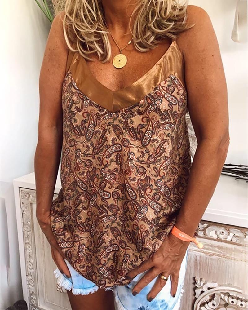 

V-neck Spaghetti Strap Print Top, Brown