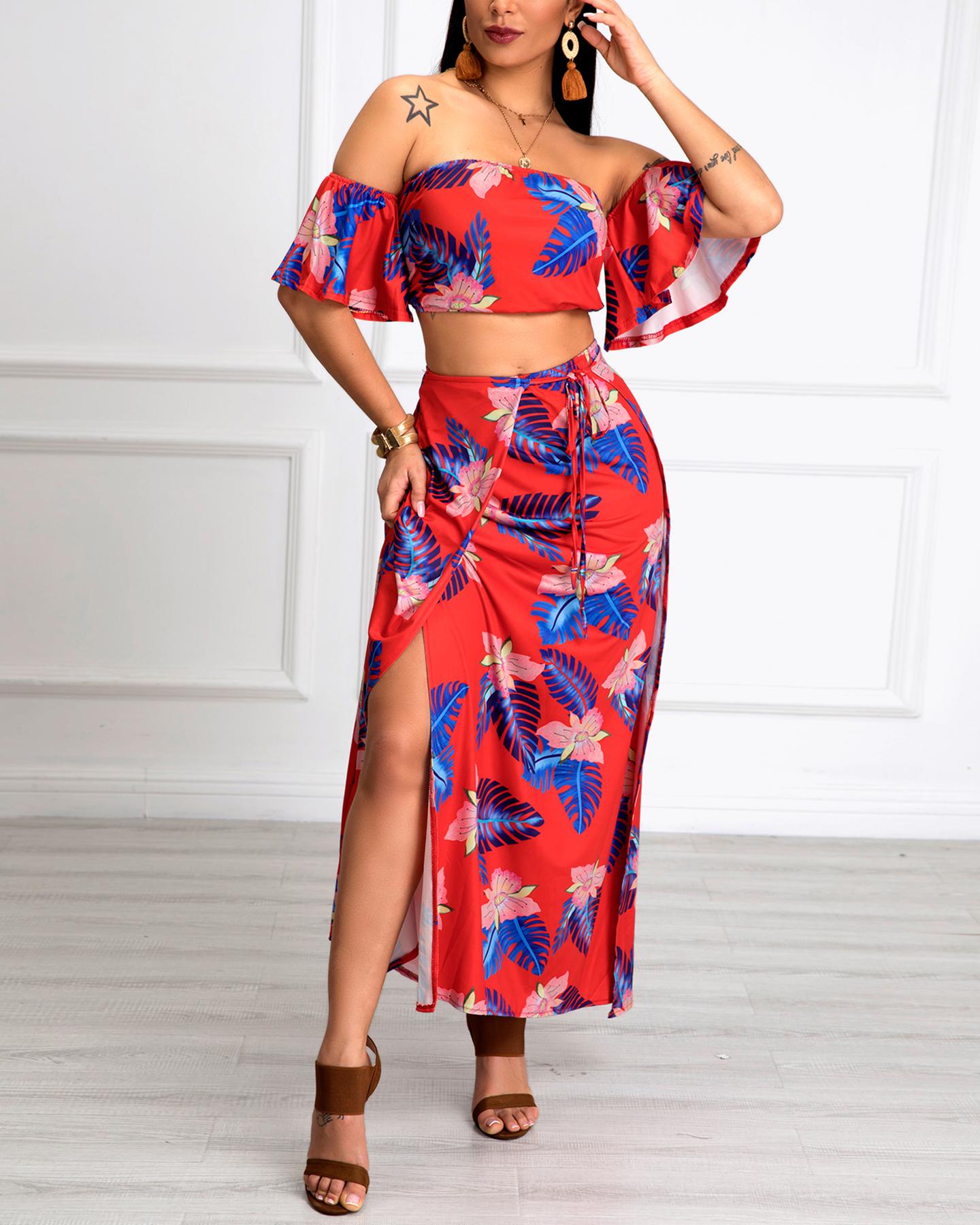 

Floral Printed Tube Top & Maxi Slit Skirt Set, Red