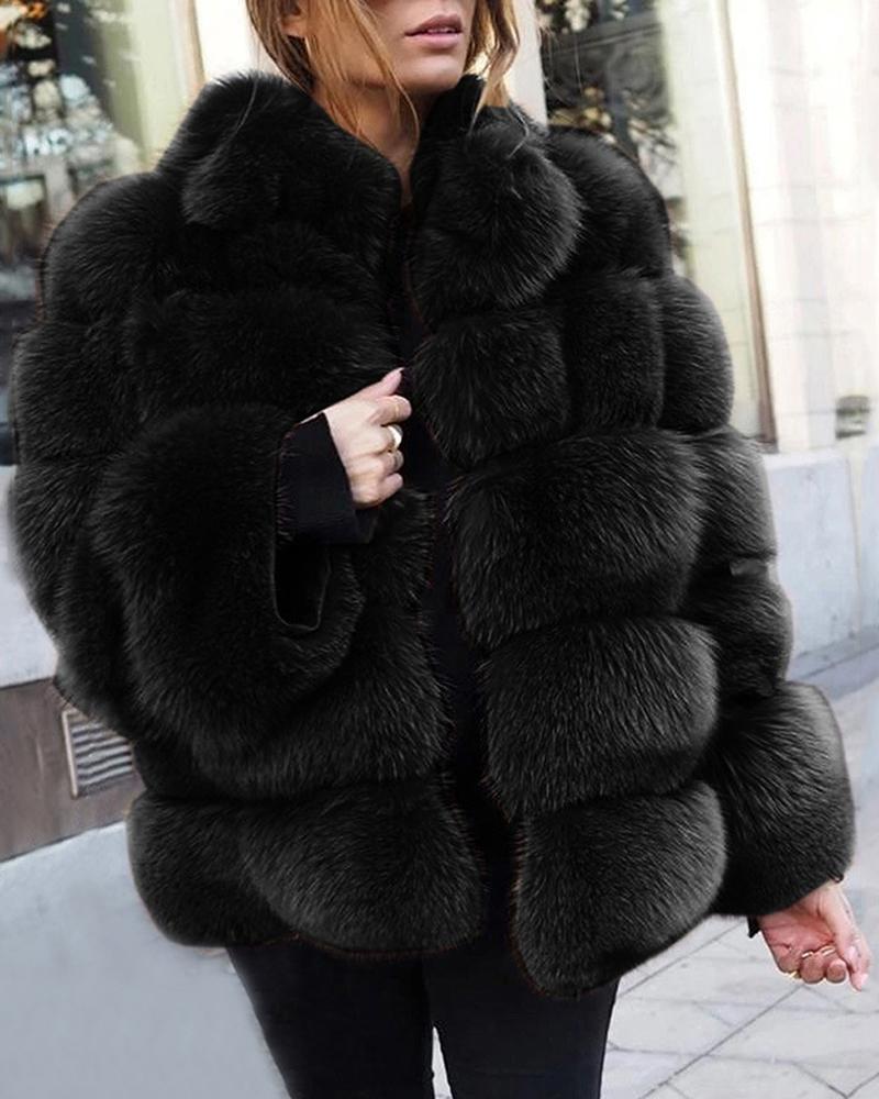 

Solid Fluffy Longline Casual Coat, Black