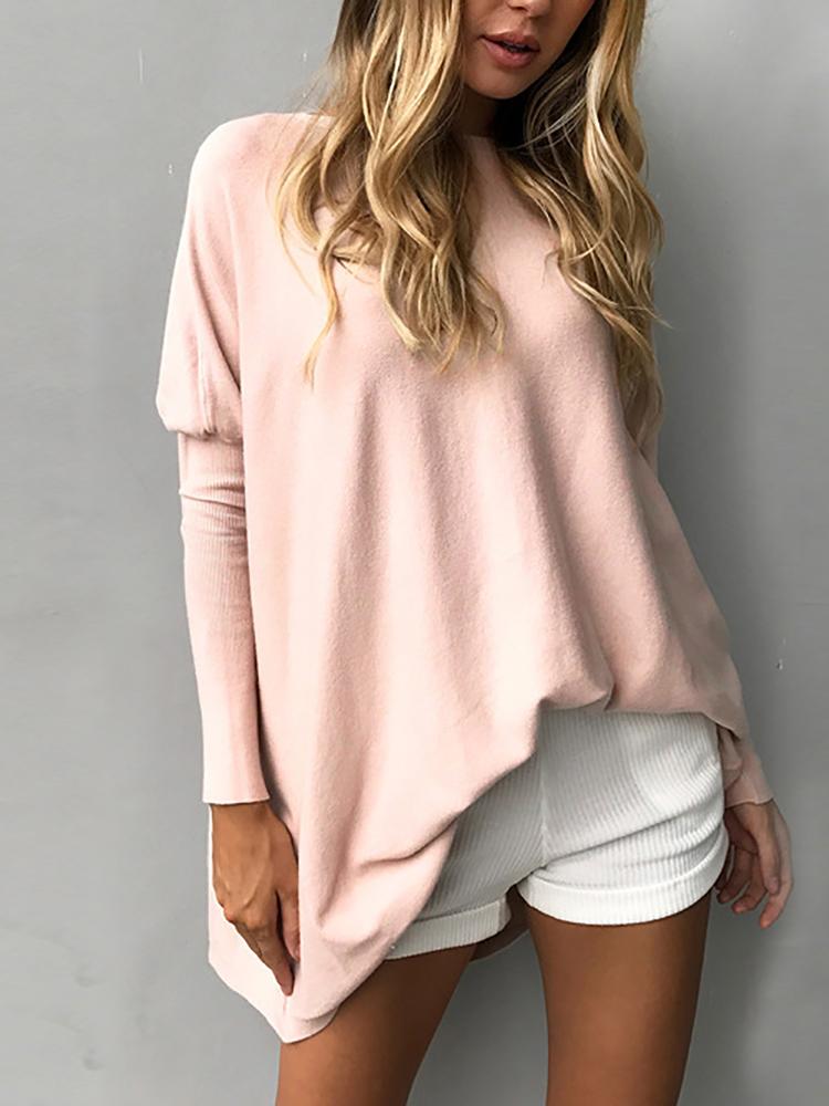 

Trendy Solid Long Sleeve Casual Top, Pink