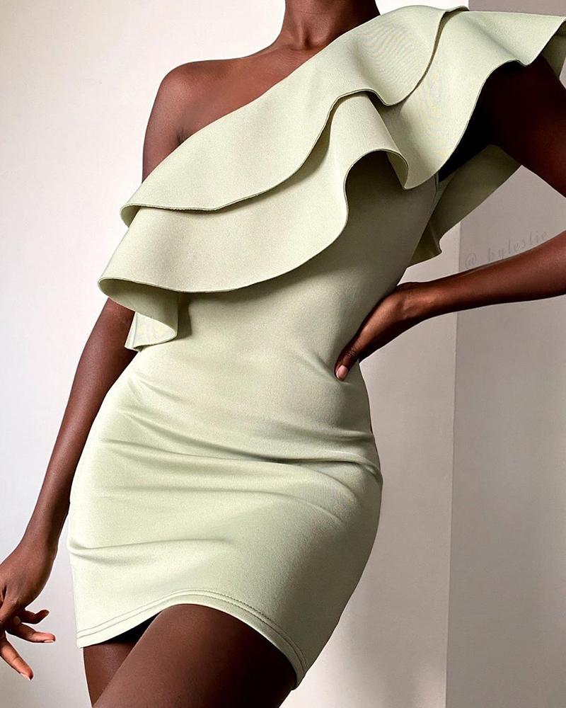 

One Shoulder Ruffles Solid Bodycon Dress, Blue