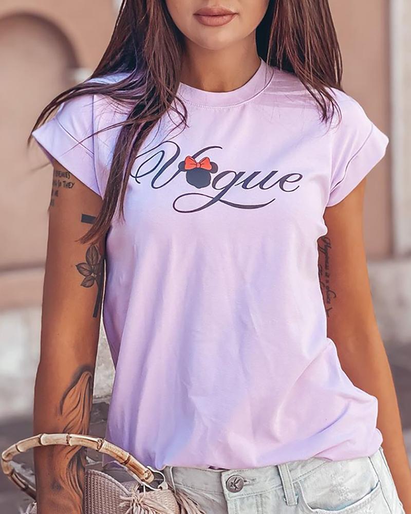 

Round Neck Letter Print Casual T-shirt, Purple