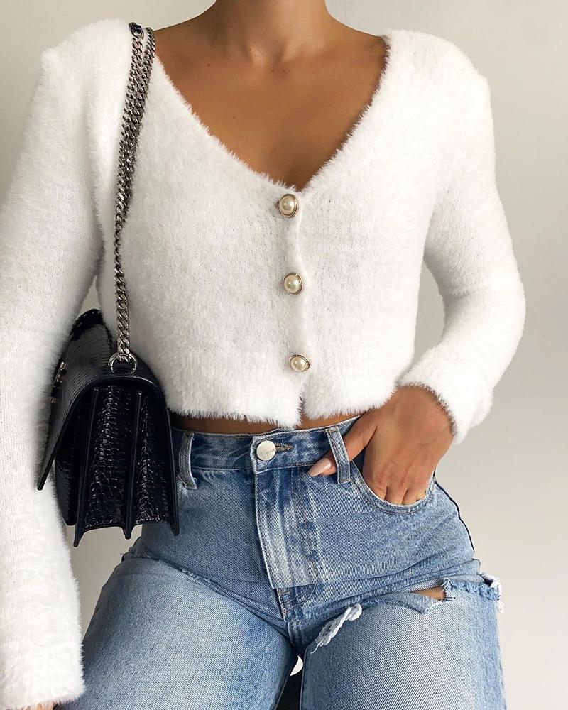 

Buttoned Plain Long Sleeve Fluffy Sweater, White