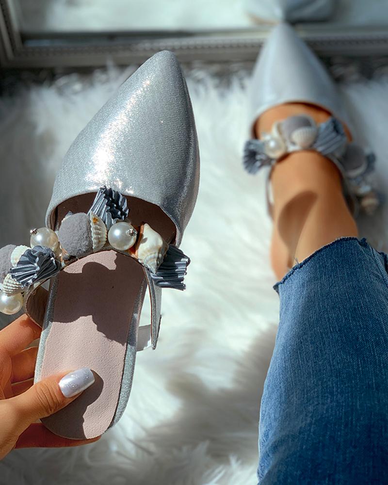 

Pointed Toe Beaded Strap Flat Sandals, Silver