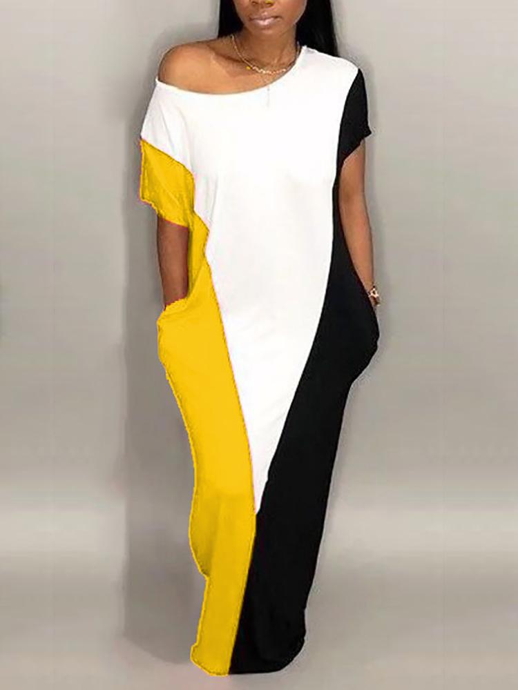 

Trendy Color Block Splicing Maxi Casual Dress, Yellow