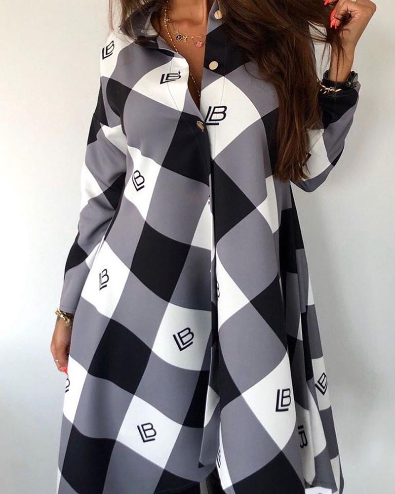 

Grid Colorblock Letter Print Shirt Dress, Gray