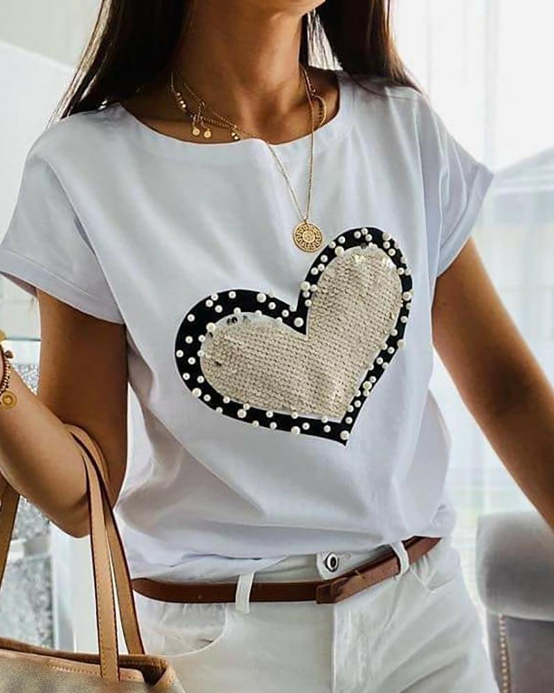 

Beaded Heart Pattern Casual T-shirt, Blue