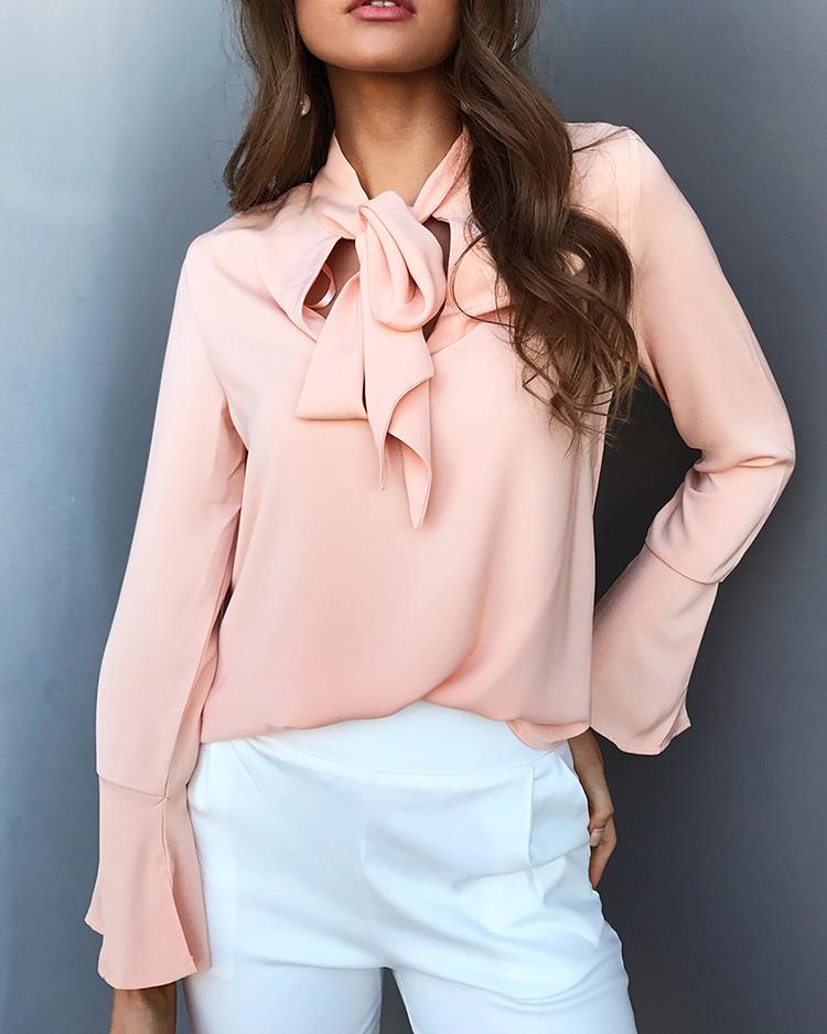 

Curve Hem Tied Front Flare Sleeve Casual Blouse, Pink