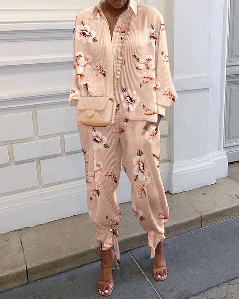 

Buttoned Floral Print Ruched Top & Pockets Design Pants Set, Apricot
