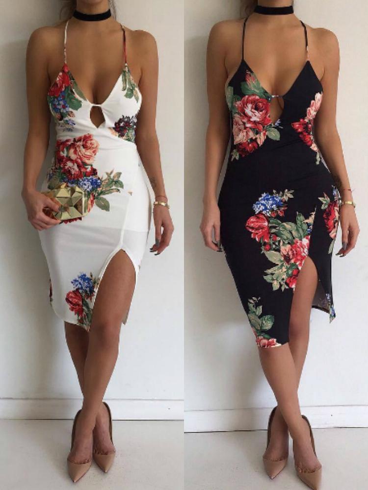 

Sexy Deep V Neck Floral Print Sleevless High Waist Cocktail Party Hip Package Dress, White;black
