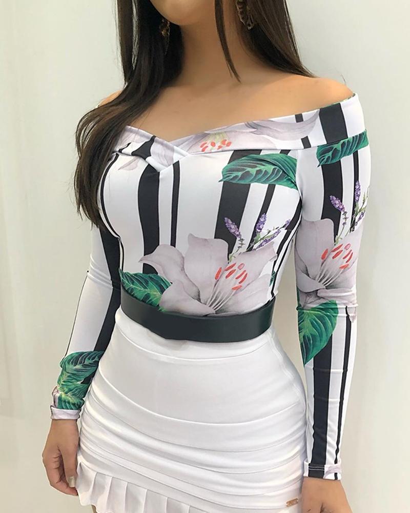 

V-neck Print Long Sleeve Casual Blouse, White