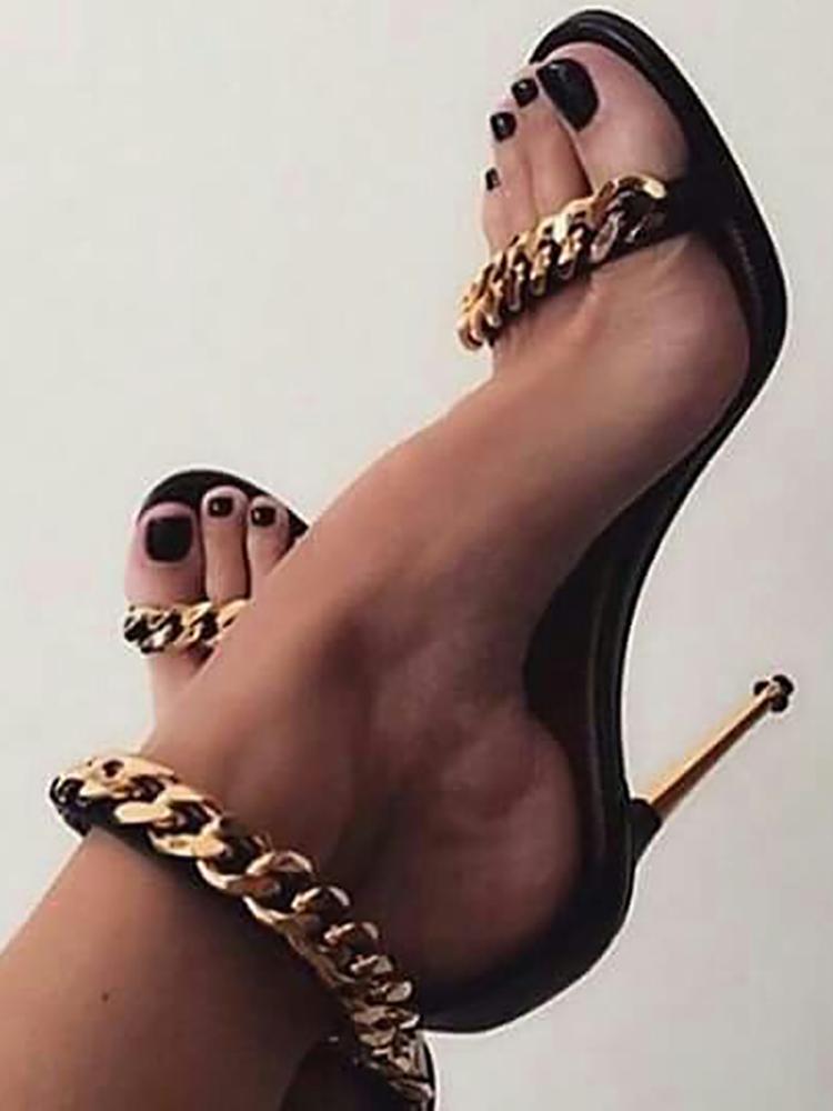 

Chain Embellished Ankle Strap Stiletto Sandals, Black