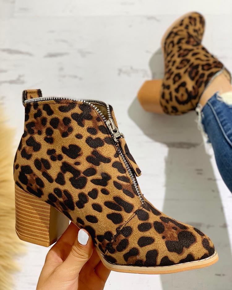 

Zipper Design Chunky Heeled Ankle Boot, Leopard