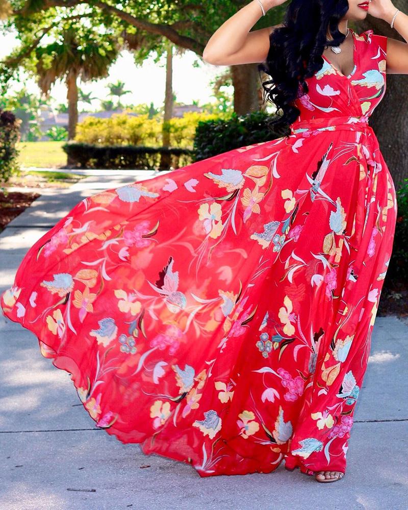 

Deep V-neck Floral Printed Maxi Chiffon Dress, Red