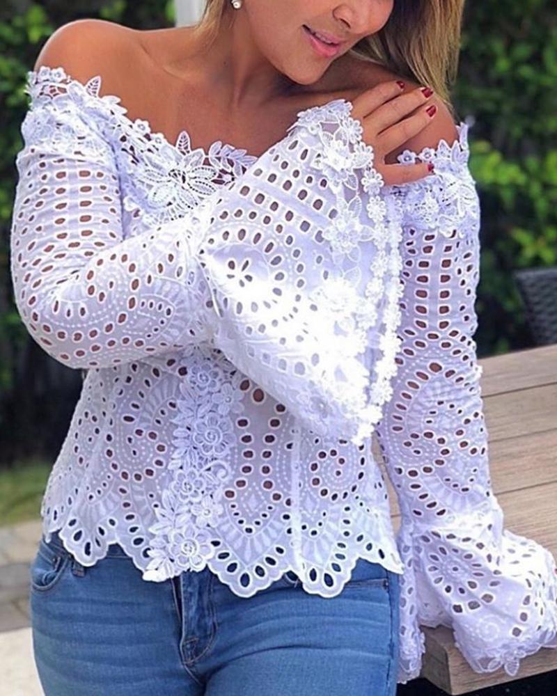 

Eyelet Lace Deisgn Bell Sleeve Blouse