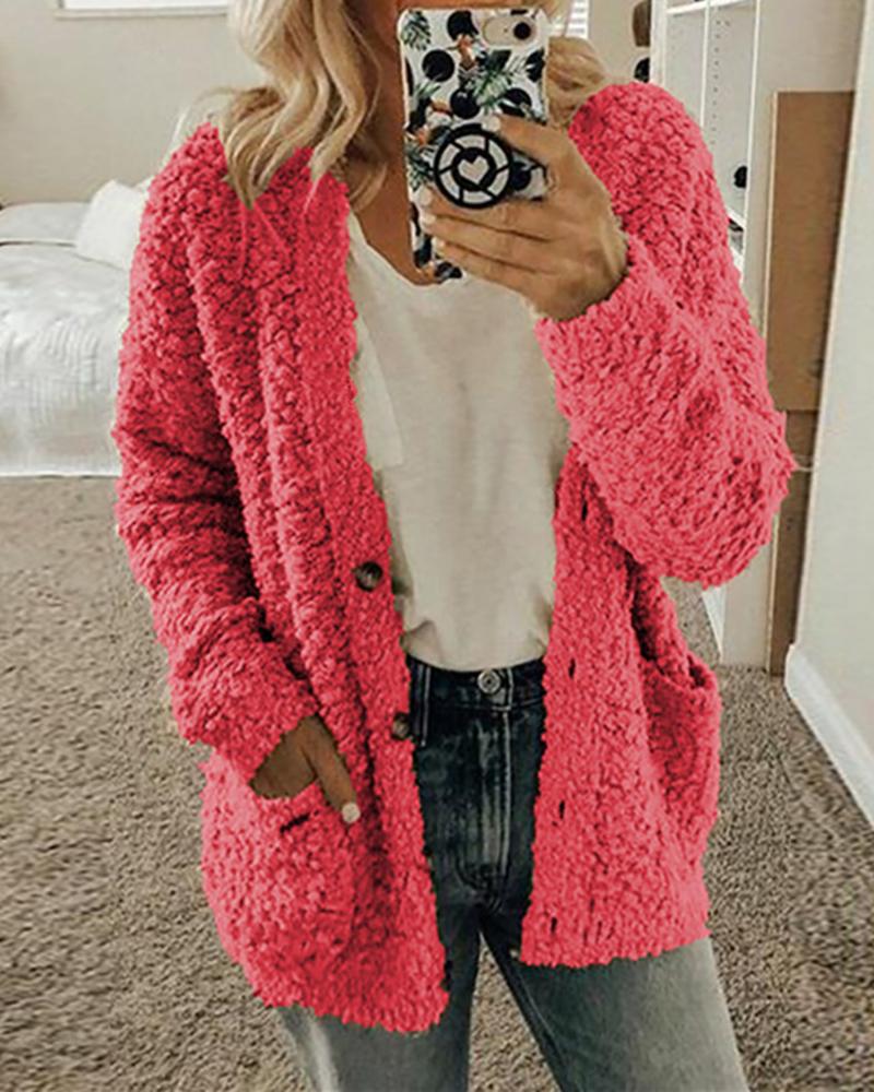 

Fluffy Solid Pocket Long Sleeve Coat, Pink