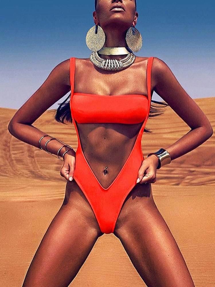 

2PCs Low Cut Bandeau Suspender Bottoms Swimsuit, Red