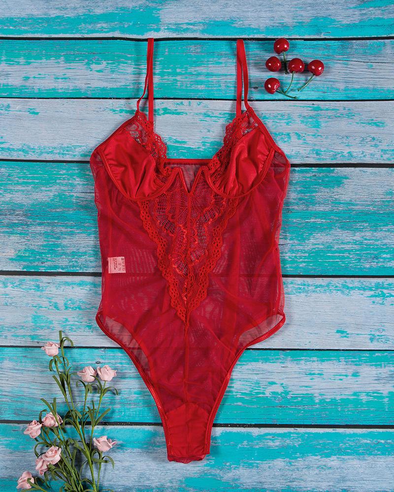 

Spaghetti Strap Sheer Mesh Lace Bodysuit, Red