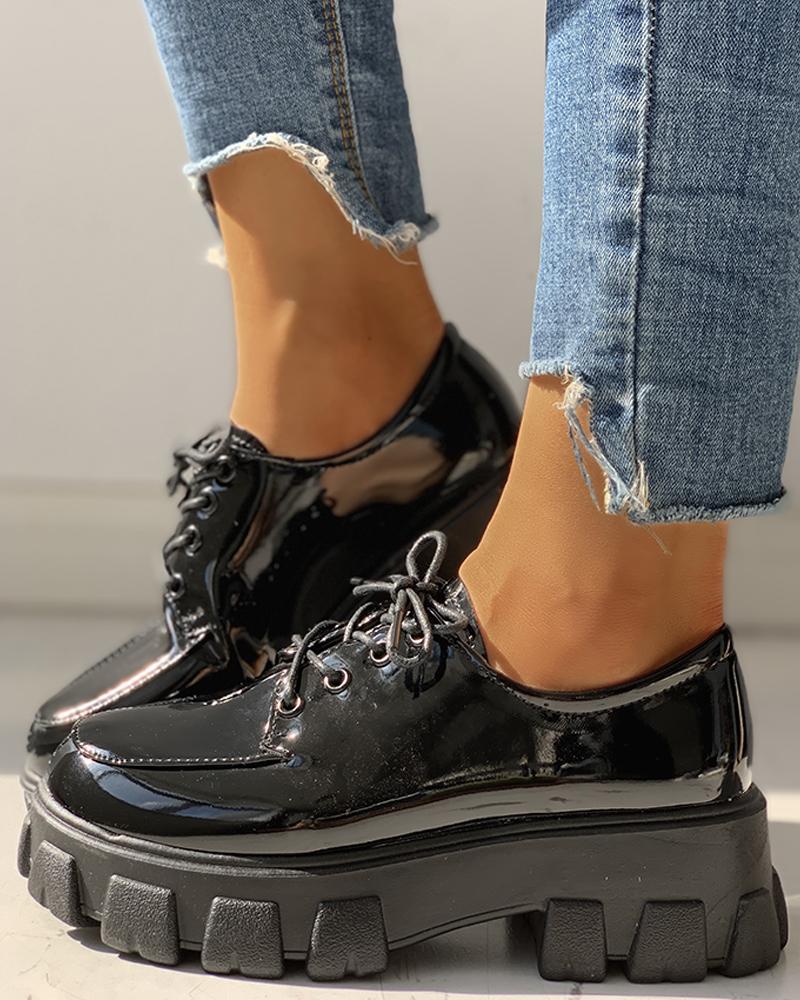 

PU Eyelet Lace-Up Platform Heeled Shoes, Black