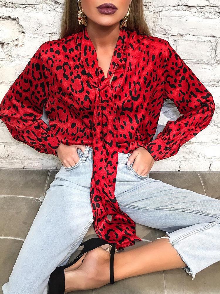 

Leopard Print Tie Neck Blouse, Red