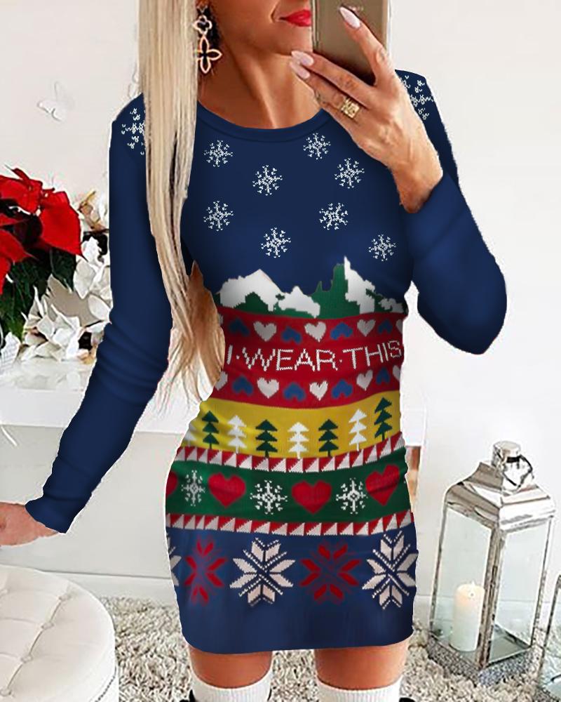 

Christmas Long Sleeve Mixed Print Dress, Blue