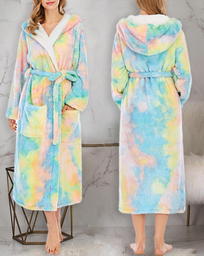 

Tie Dye Print Dual Pocket Belted Plush Hooded Robe, Light blue