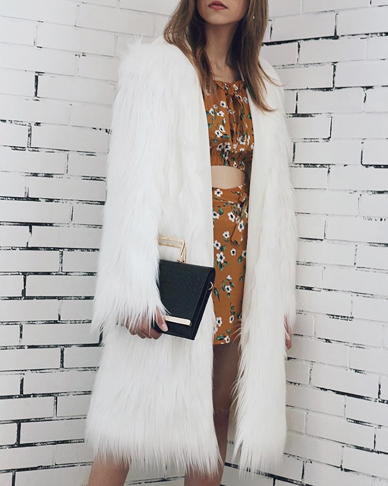 

Solid Fluffy Furs Longline Coat, White