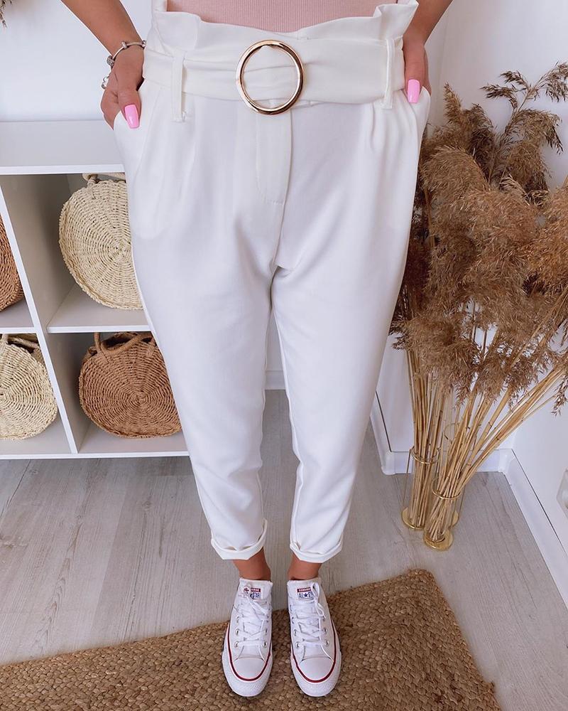 

Solid High Waist Belted Pants, White