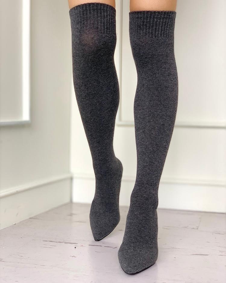 

Pointed Toe Over The Knee Thin Heeled Sock Boots, Dark grey