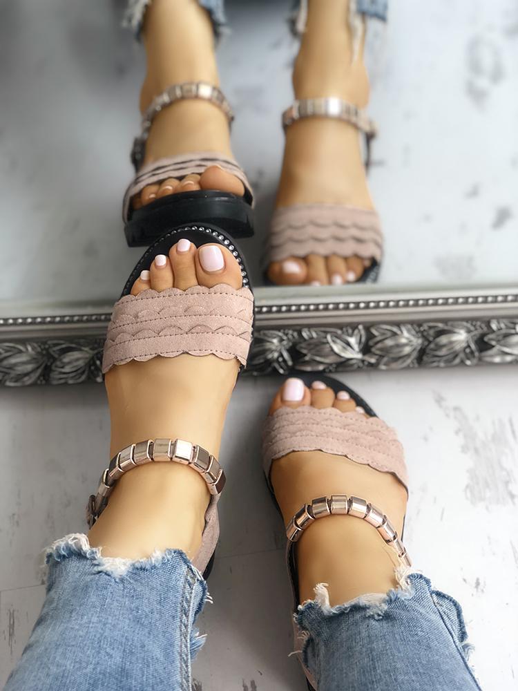 

Wave Lace Trim Single Strap Flat Sandals, Apricot