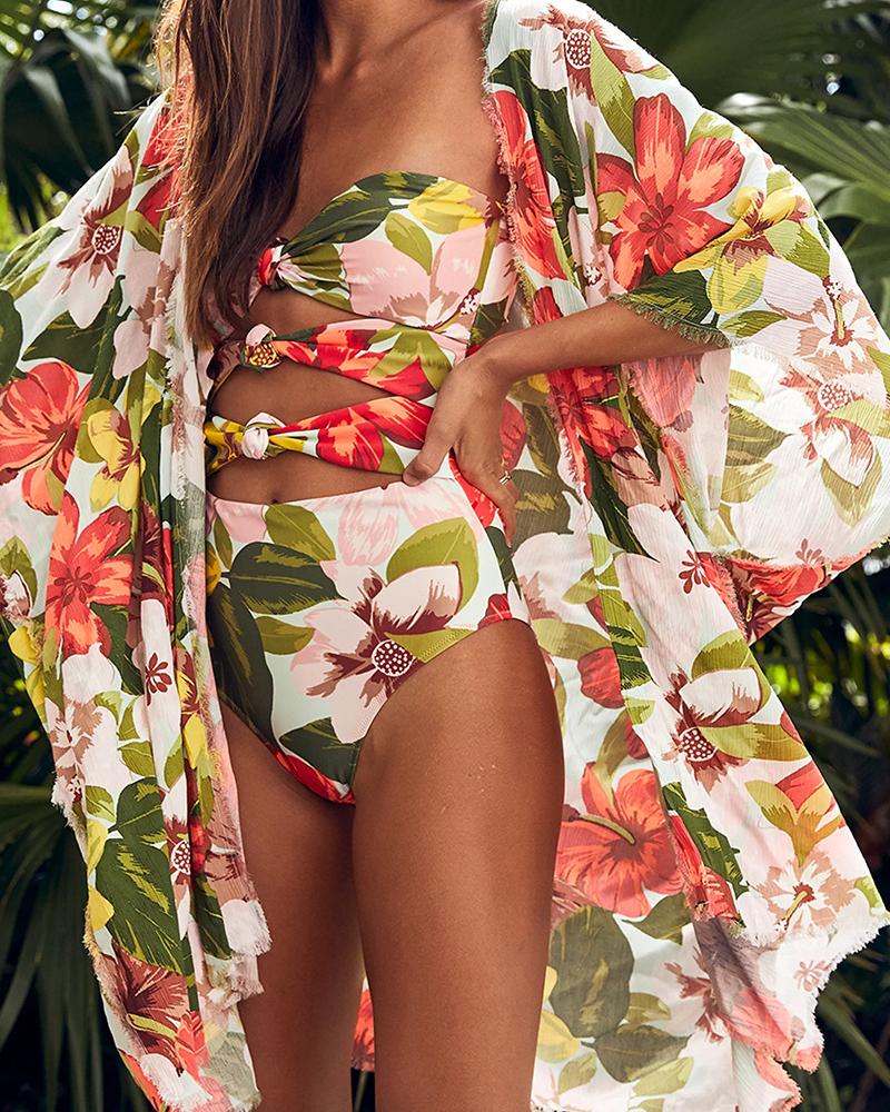 

Floral Print Fringe Hem Casual Cover Up, Green